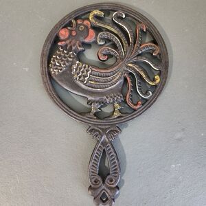 Vintage Hand Painted Rooster Cast Iron Trivet Hot Plate